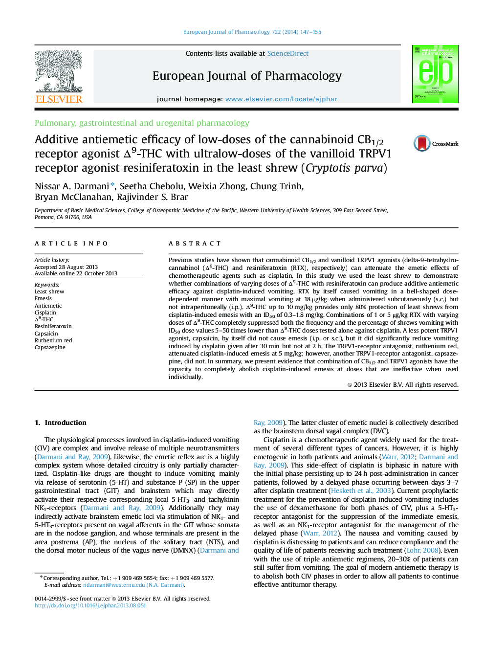 Additive antiemetic efficacy of low-doses of the cannabinoid CB1/2 receptor agonist Δ9-THC with ultralow-doses of the vanilloid TRPV1 receptor agonist resiniferatoxin in the least shrew (Cryptotis parva)
