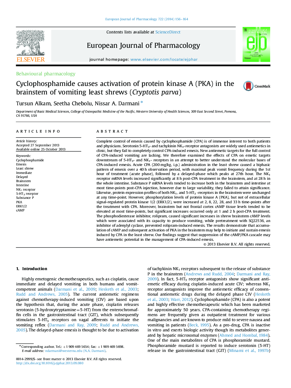 Cyclophosphamide causes activation of protein kinase A (PKA) in the brainstem of vomiting least shrews (Cryptotis parva)