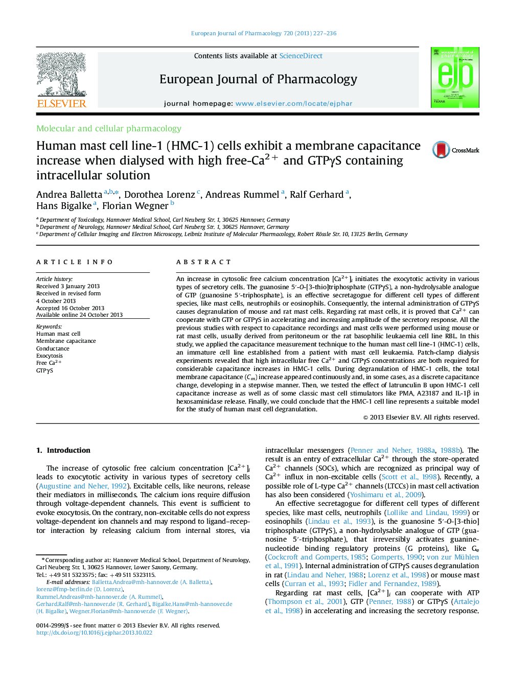 Human mast cell line-1 (HMC-1) cells exhibit a membrane capacitance increase when dialysed with high free-Ca2+ and GTPγS containing intracellular solution