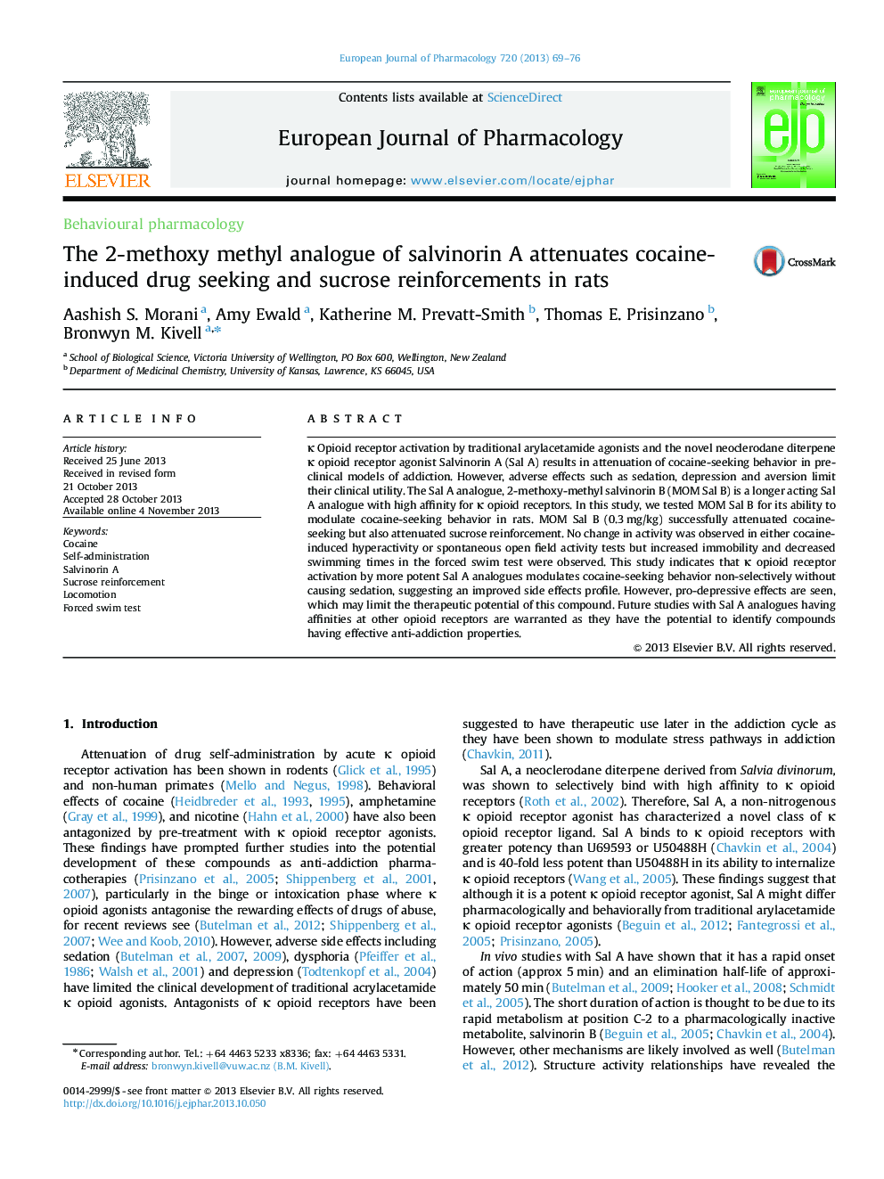 The 2-methoxy methyl analogue of salvinorin A attenuates cocaine-induced drug seeking and sucrose reinforcements in rats