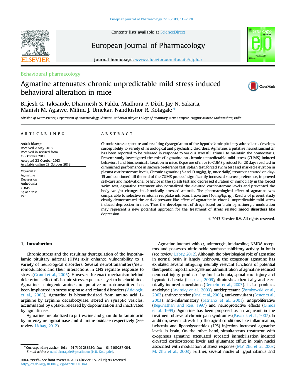 Agmatine attenuates chronic unpredictable mild stress induced behavioral alteration in mice