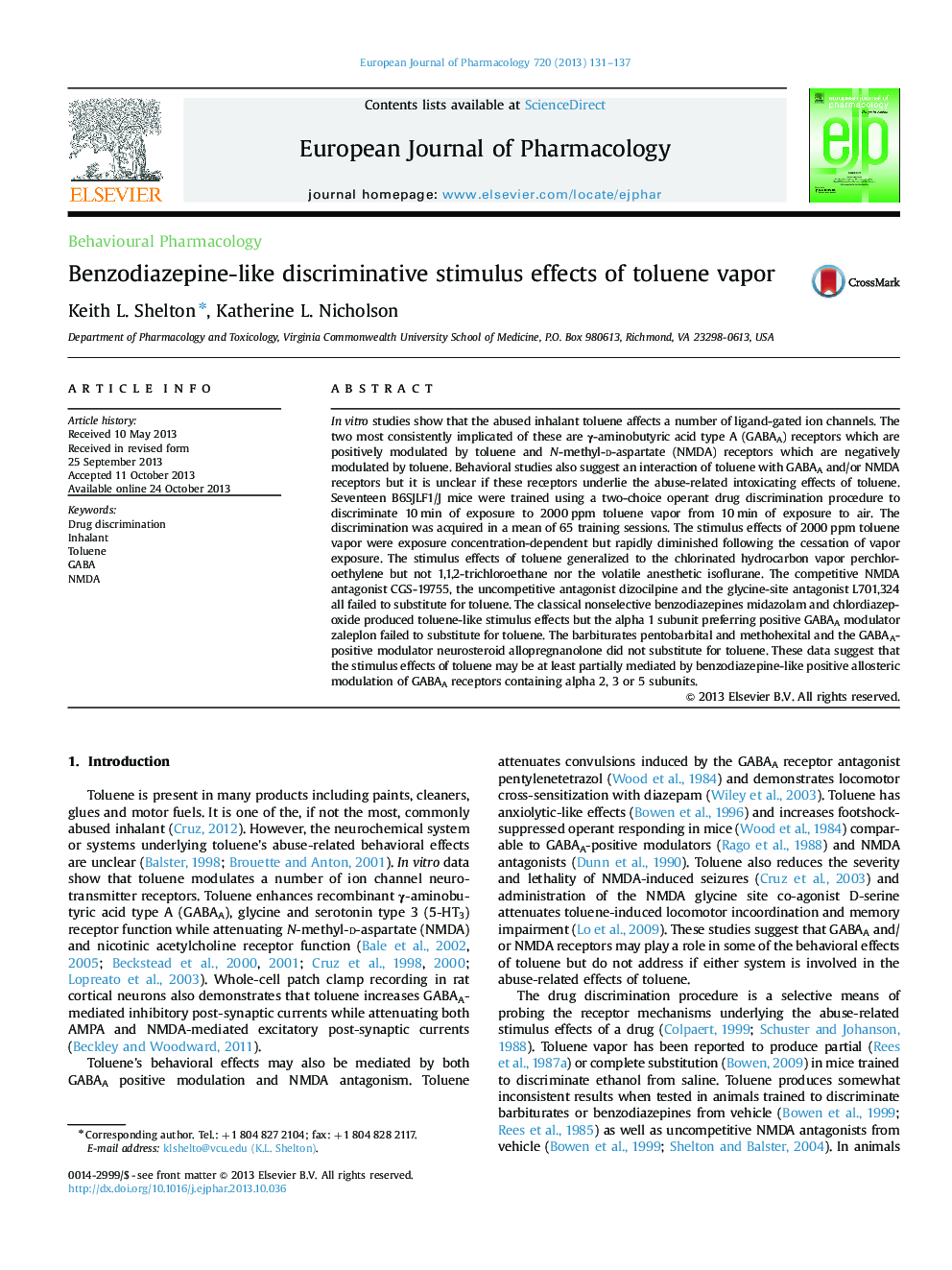 Benzodiazepine-like discriminative stimulus effects of toluene vapor