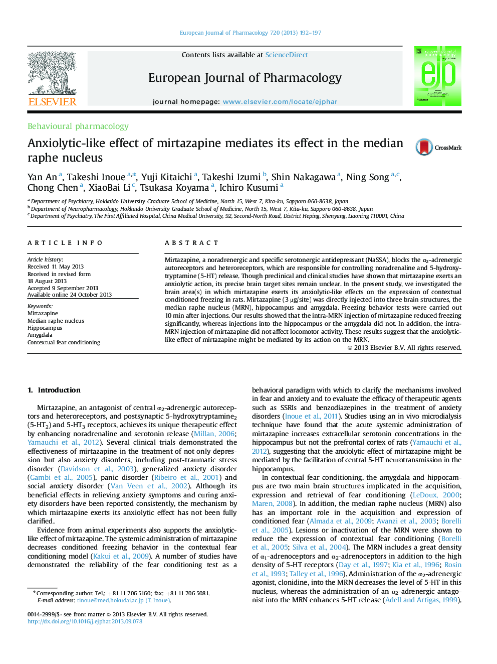 Anxiolytic-like effect of mirtazapine mediates its effect in the median raphe nucleus