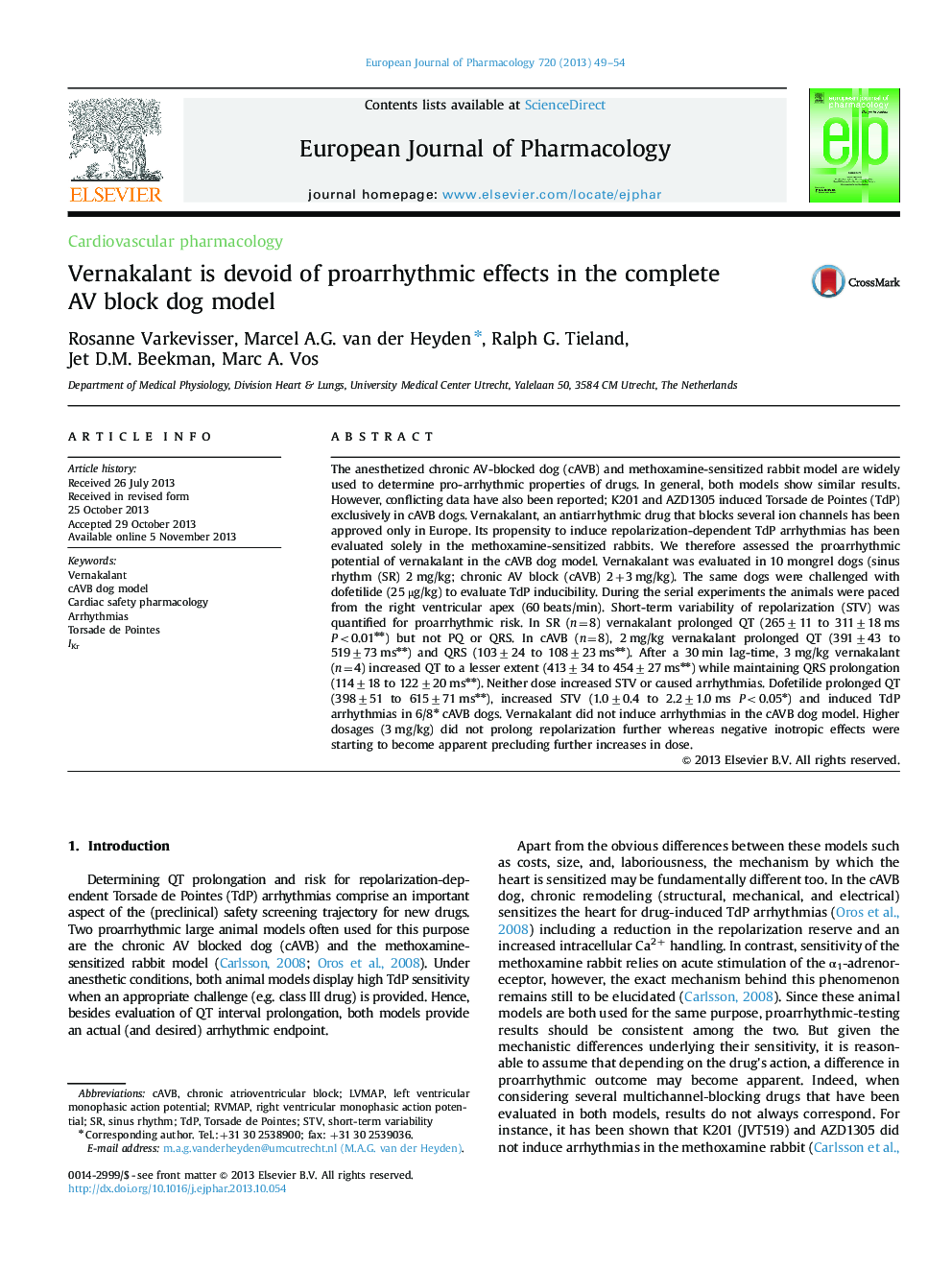 Vernakalant is devoid of proarrhythmic effects in the complete AV block dog model