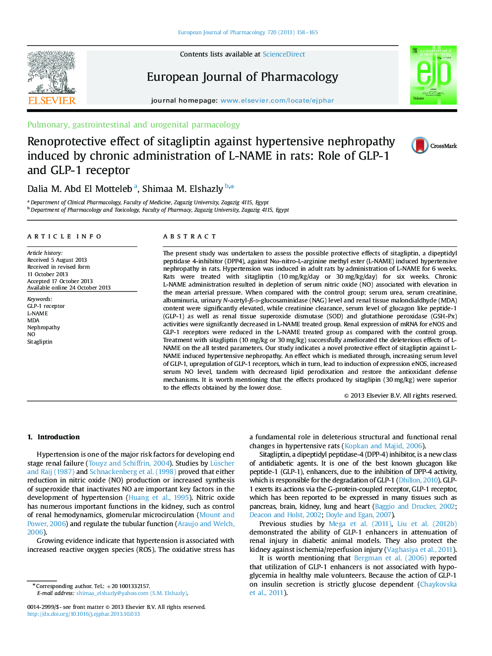 Renoprotective effect of sitagliptin against hypertensive nephropathy induced by chronic administration of L-NAME in rats: Role of GLP-1 and GLP-1 receptor