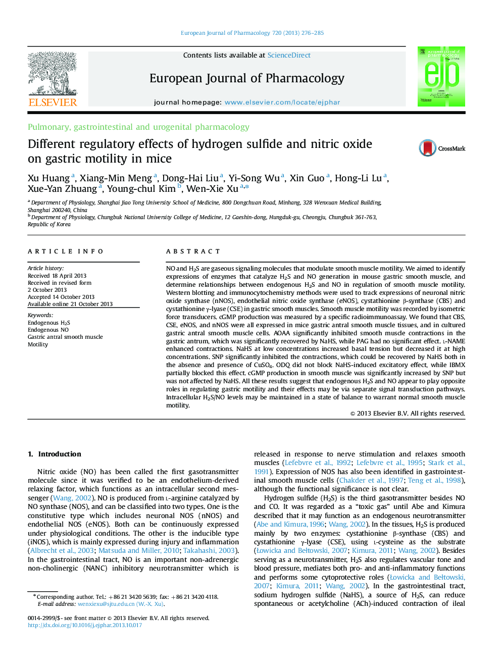 Different regulatory effects of hydrogen sulfide and nitric oxide on gastric motility in mice