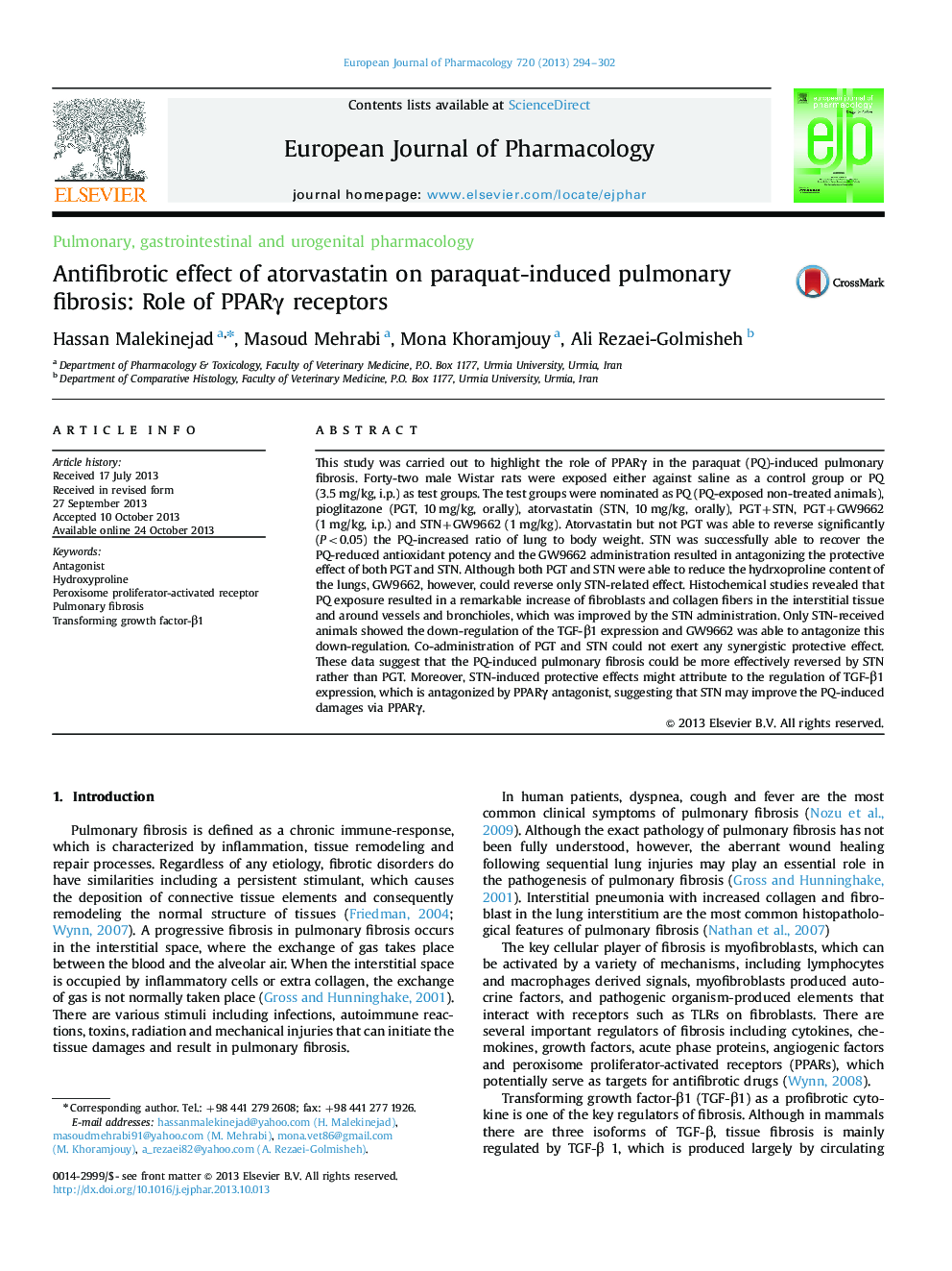 Antifibrotic effect of atorvastatin on paraquat-induced pulmonary fibrosis: Role of PPARγ receptors