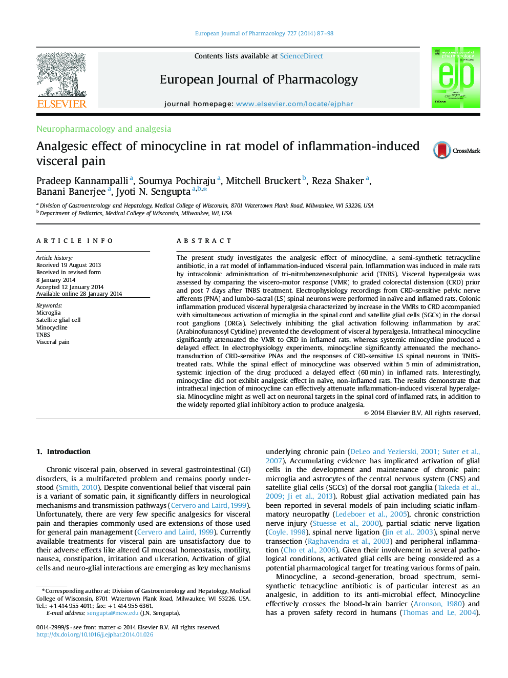 Analgesic effect of minocycline in rat model of inflammation-induced visceral pain