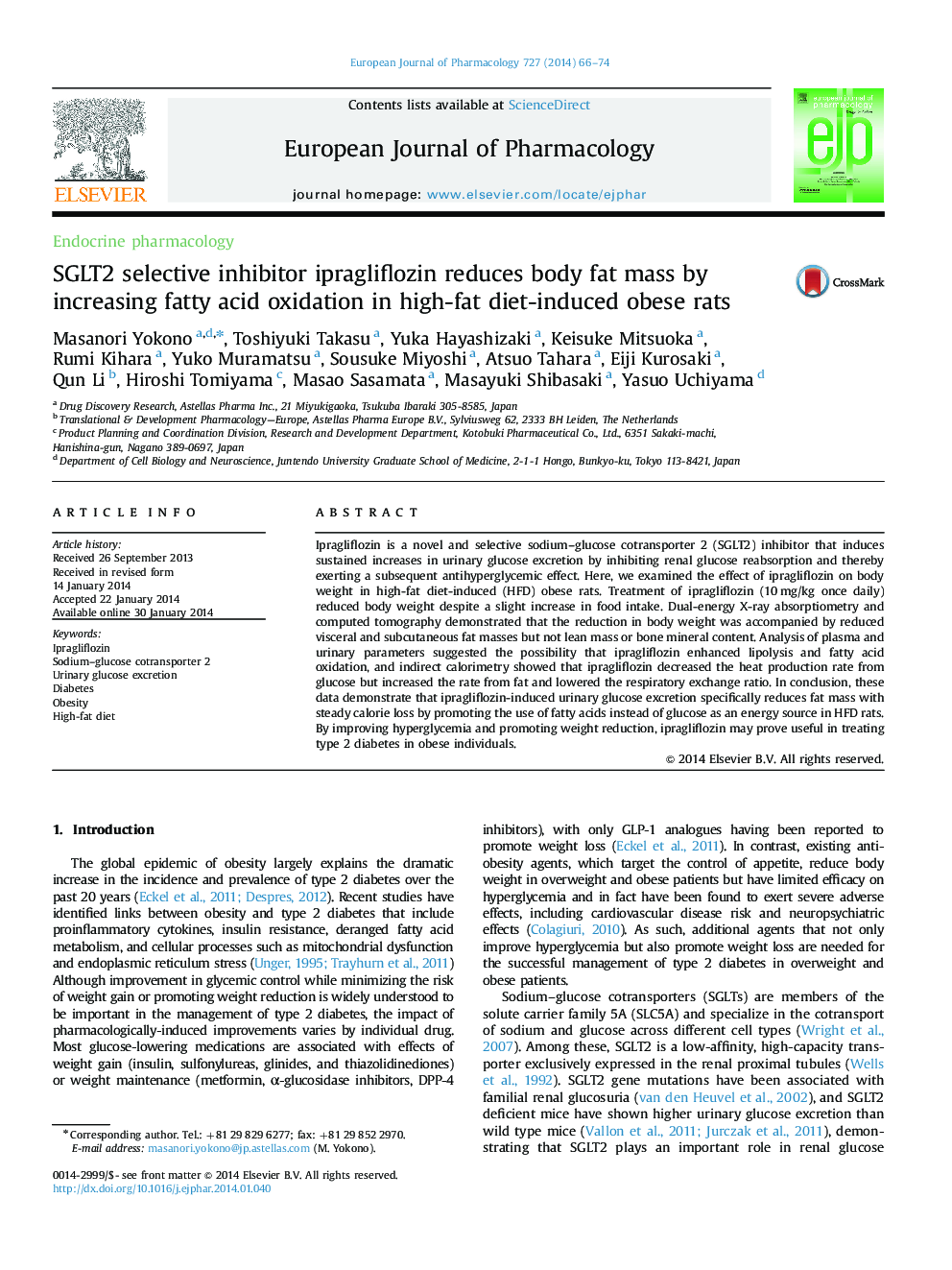 SGLT2 selective inhibitor ipragliflozin reduces body fat mass by increasing fatty acid oxidation in high-fat diet-induced obese rats