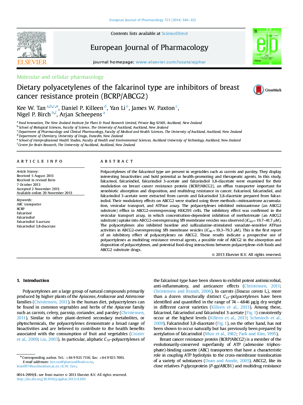 Dietary polyacetylenes of the falcarinol type are inhibitors of breast cancer resistance protein (BCRP/ABCG2)