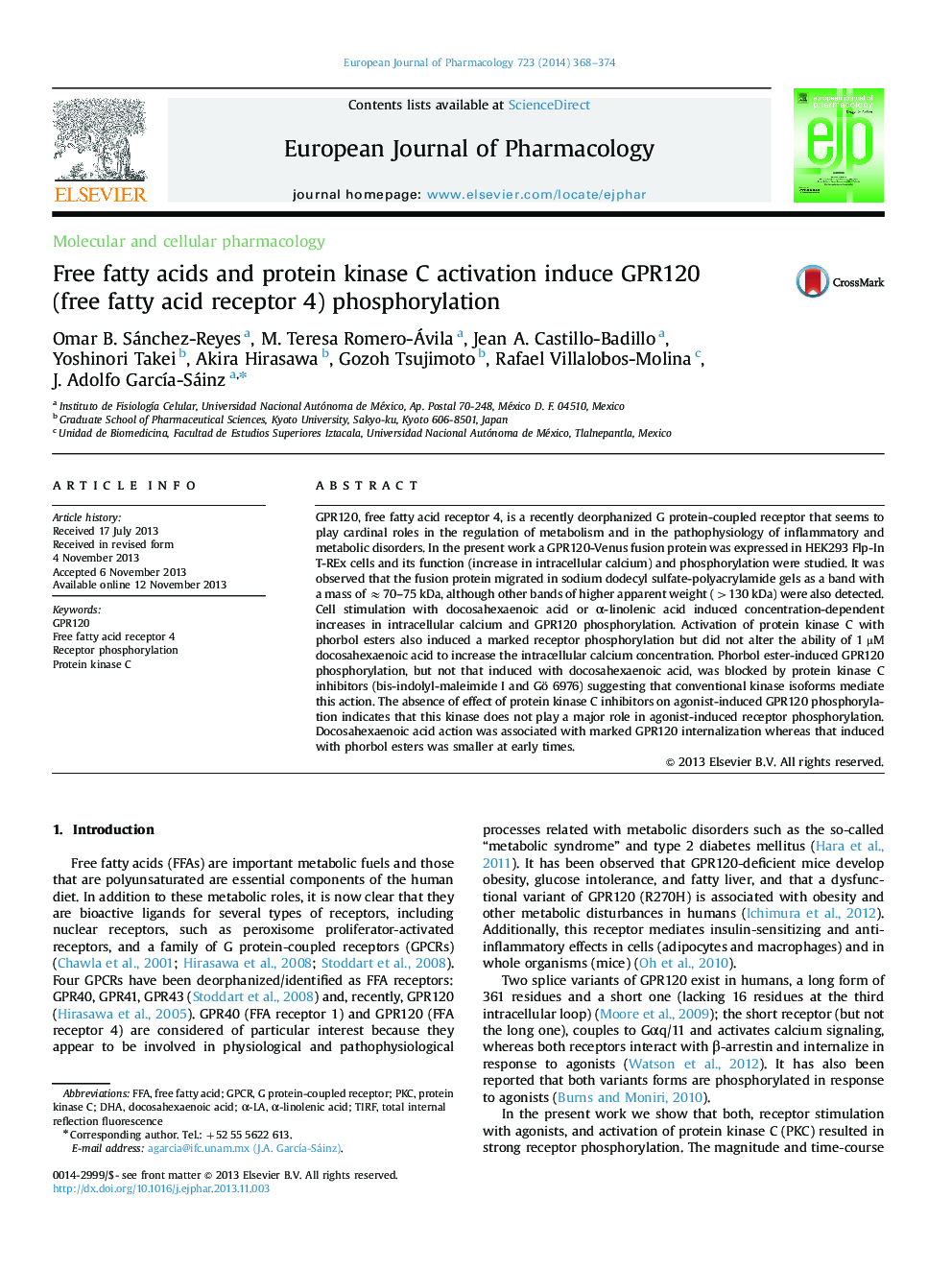 Free fatty acids and protein kinase C activation induce GPR120 (free fatty acid receptor 4) phosphorylation