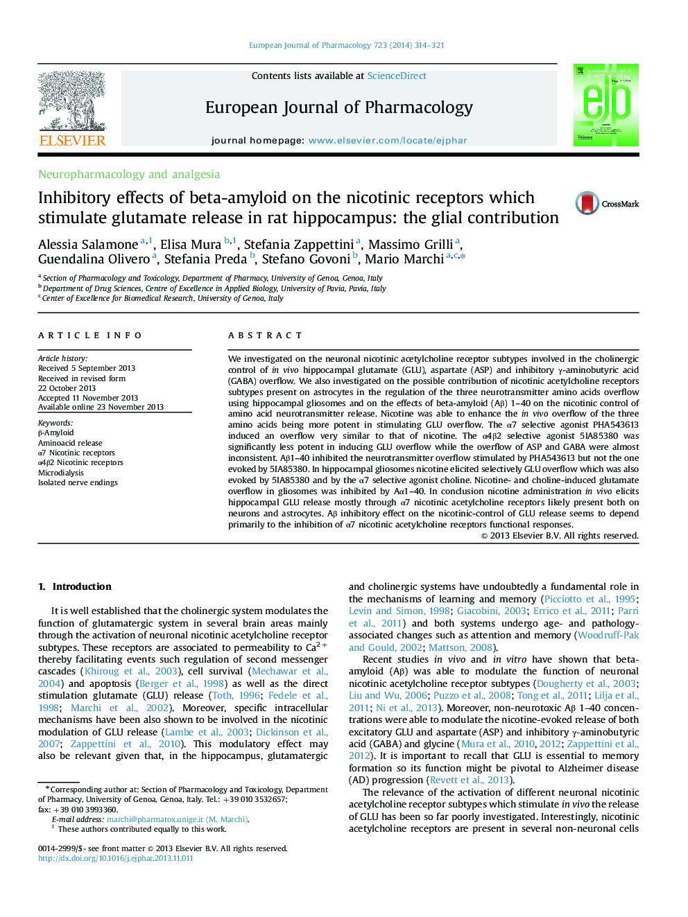 Inhibitory effects of beta-amyloid on the nicotinic receptors which stimulate glutamate release in rat hippocampus: the glial contribution