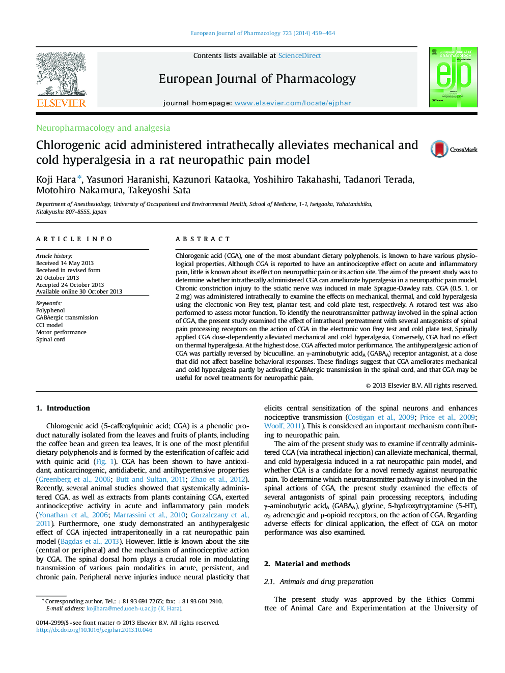 Chlorogenic acid administered intrathecally alleviates mechanical and cold hyperalgesia in a rat neuropathic pain model