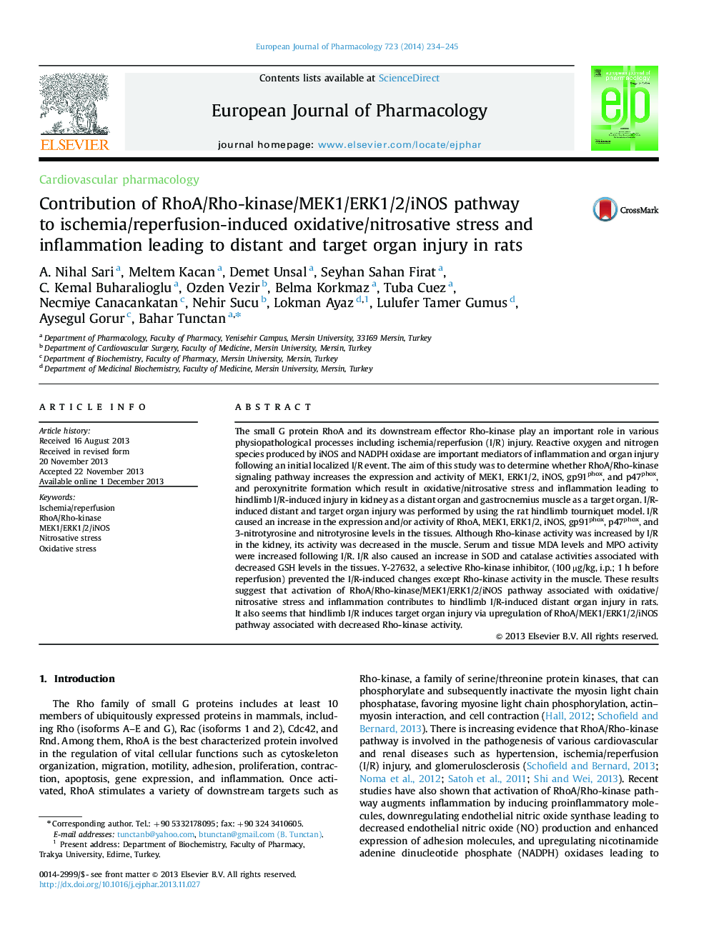 Contribution of RhoA/Rho-kinase/MEK1/ERK1/2/iNOS pathway to ischemia/reperfusion-induced oxidative/nitrosative stress and inflammation leading to distant and target organ injury in rats