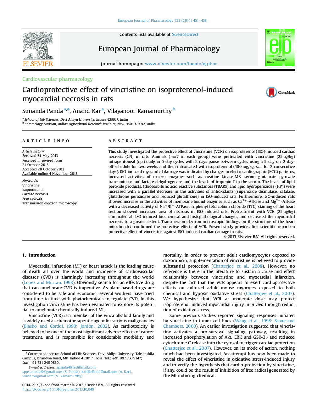 Cardioprotective effect of vincristine on isoproterenol-induced myocardial necrosis in rats