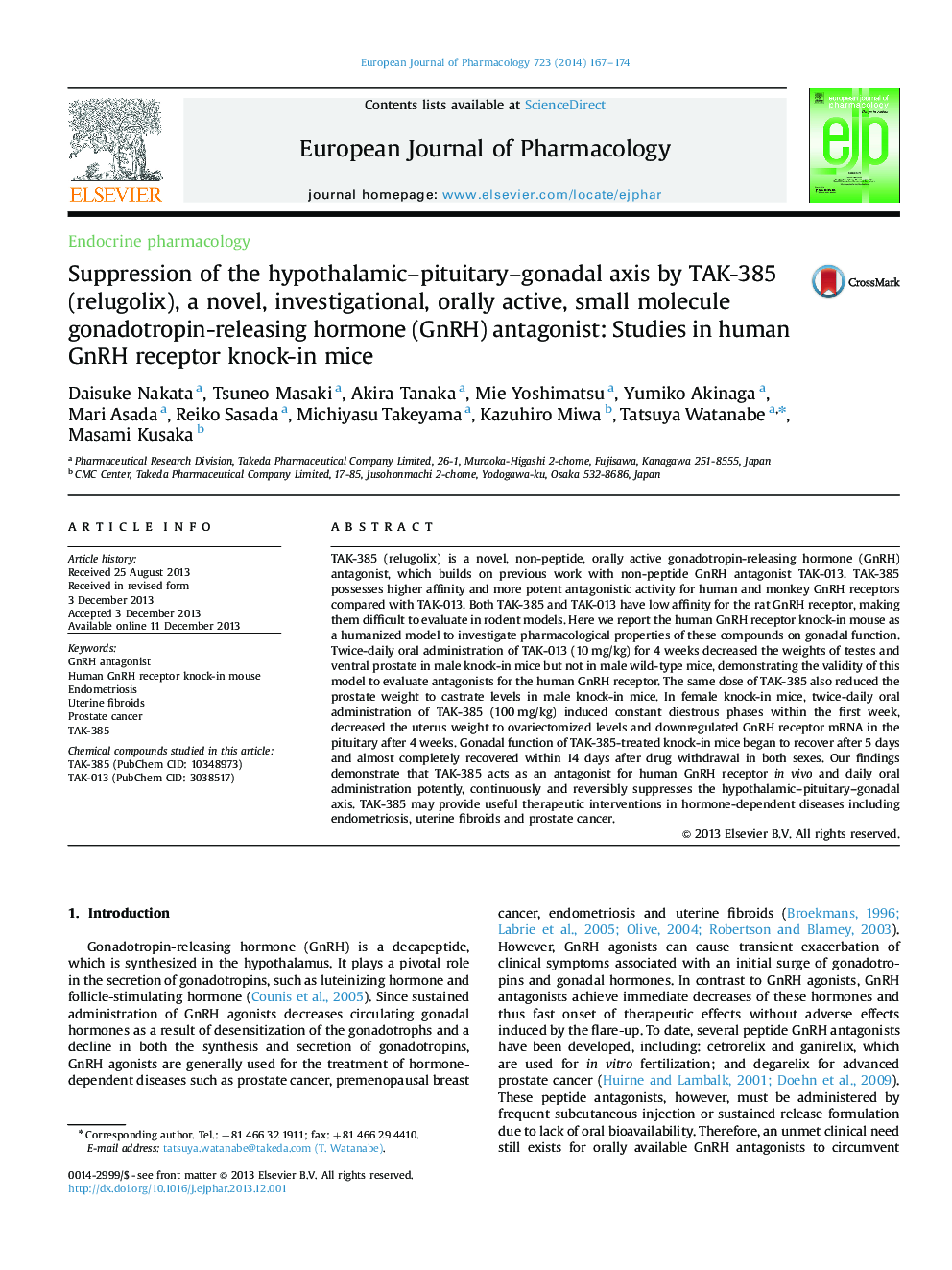 Suppression of the hypothalamic–pituitary–gonadal axis by TAK-385 (relugolix), a novel, investigational, orally active, small molecule gonadotropin-releasing hormone (GnRH) antagonist: Studies in human GnRH receptor knock-in mice