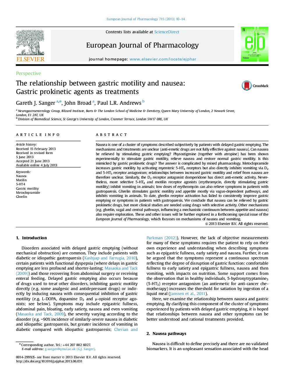 The relationship between gastric motility and nausea: Gastric prokinetic agents as treatments