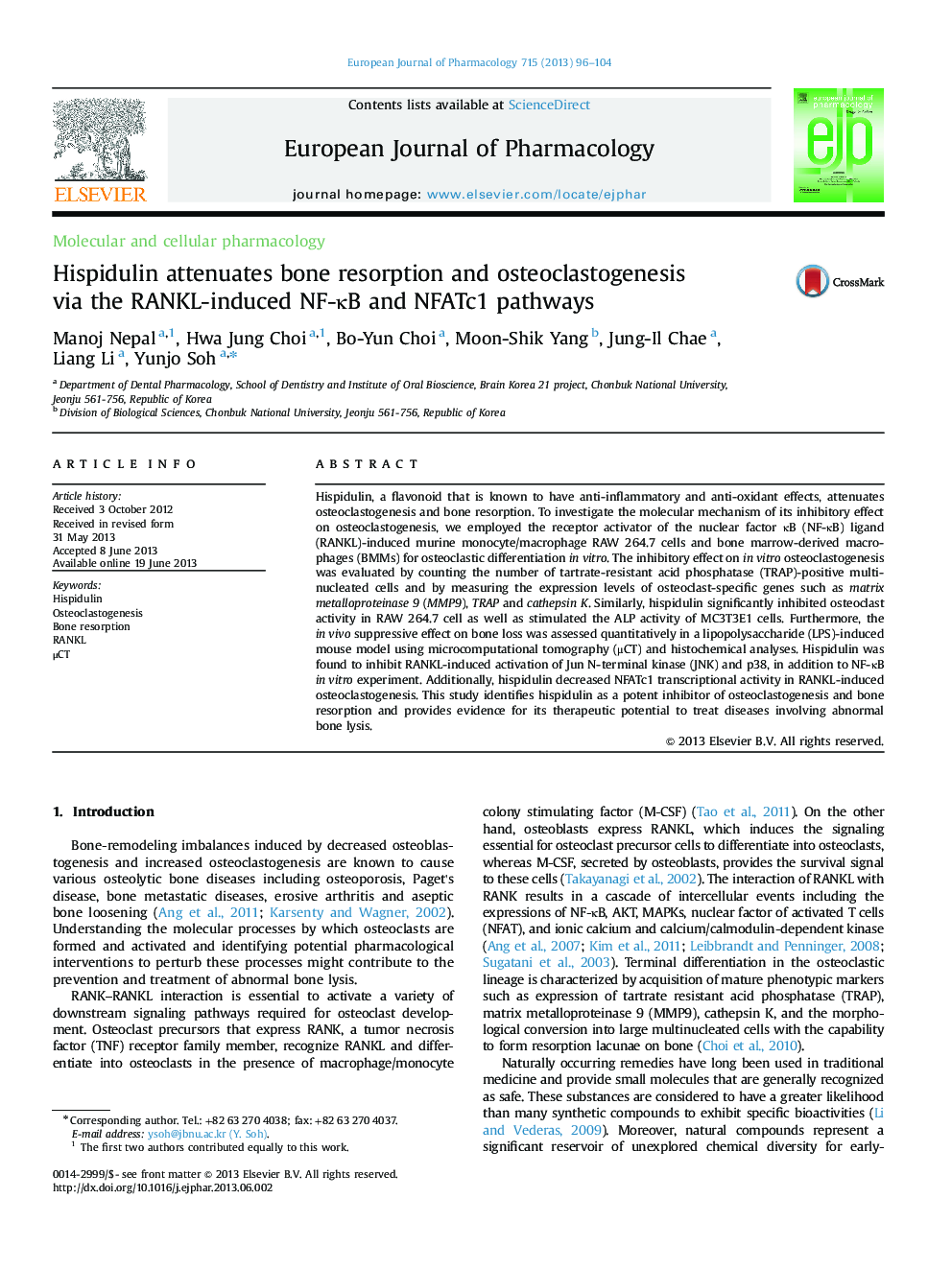 Hispidulin attenuates bone resorption and osteoclastogenesis via the RANKL-induced NF-κB and NFATc1 pathways