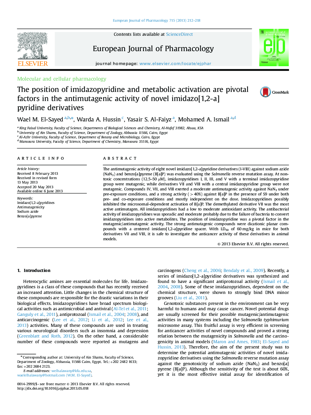 The position of imidazopyridine and metabolic activation are pivotal factors in the antimutagenic activity of novel imidazo[1,2-a]pyridine derivatives