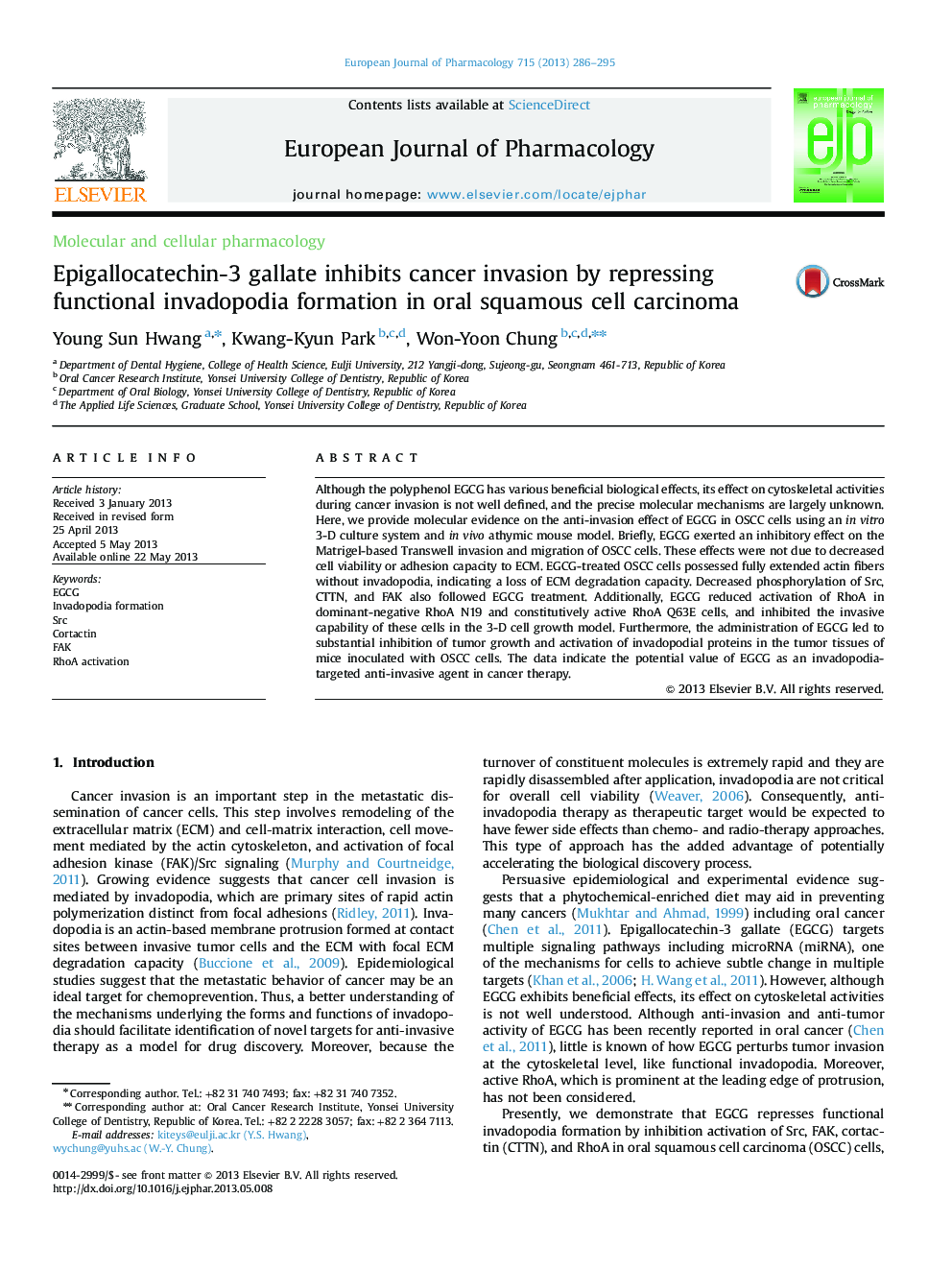 Epigallocatechin-3 gallate inhibits cancer invasion by repressing functional invadopodia formation in oral squamous cell carcinoma