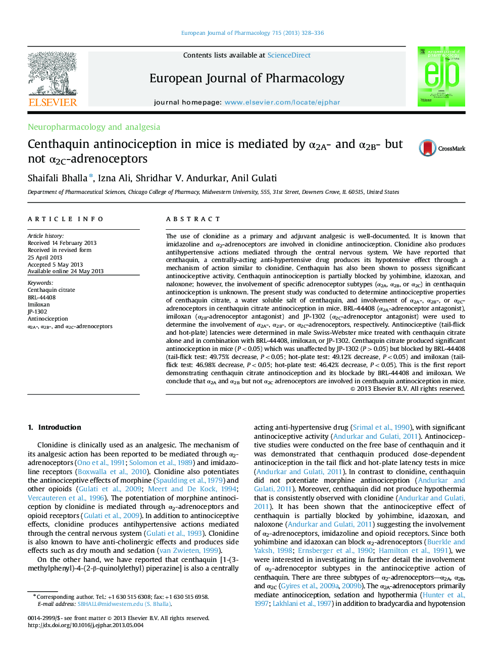 Centhaquin antinociception in mice is mediated by α2A- and α2B- but not α2C-adrenoceptors