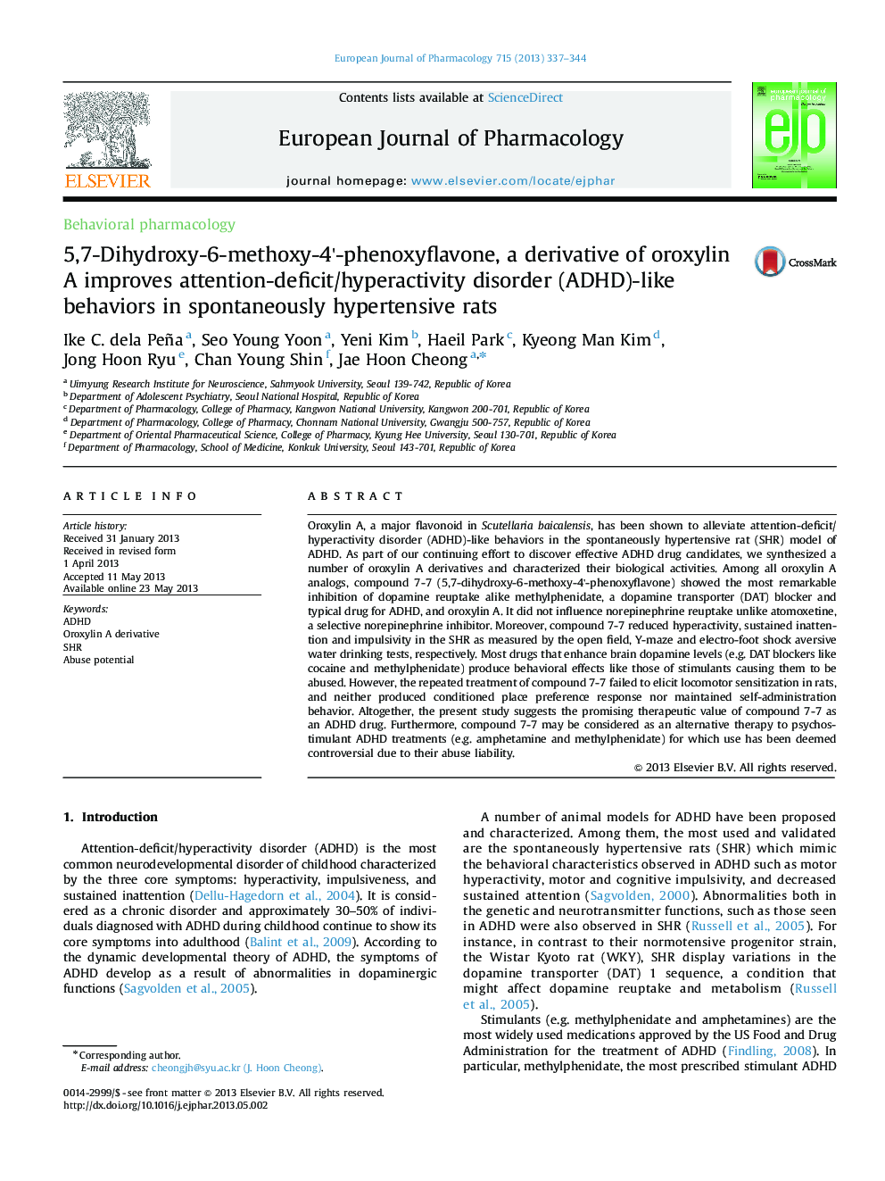 5,7-Dihydroxy-6-methoxy-4'-phenoxyflavone, a derivative of oroxylin A improves attention-deficit/hyperactivity disorder (ADHD)-like behaviors in spontaneously hypertensive rats