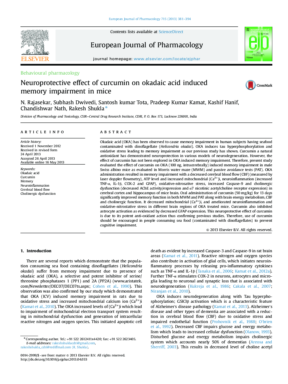 Neuroprotective effect of curcumin on okadaic acid induced memory impairment in mice