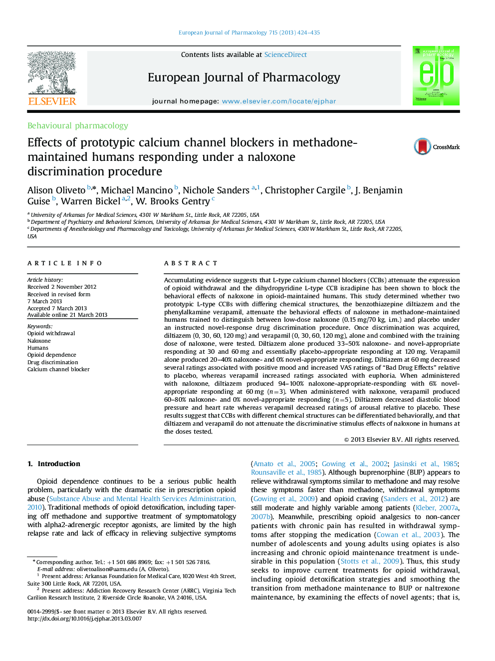 Effects of prototypic calcium channel blockers in methadone-maintained humans responding under a naloxone discrimination procedure