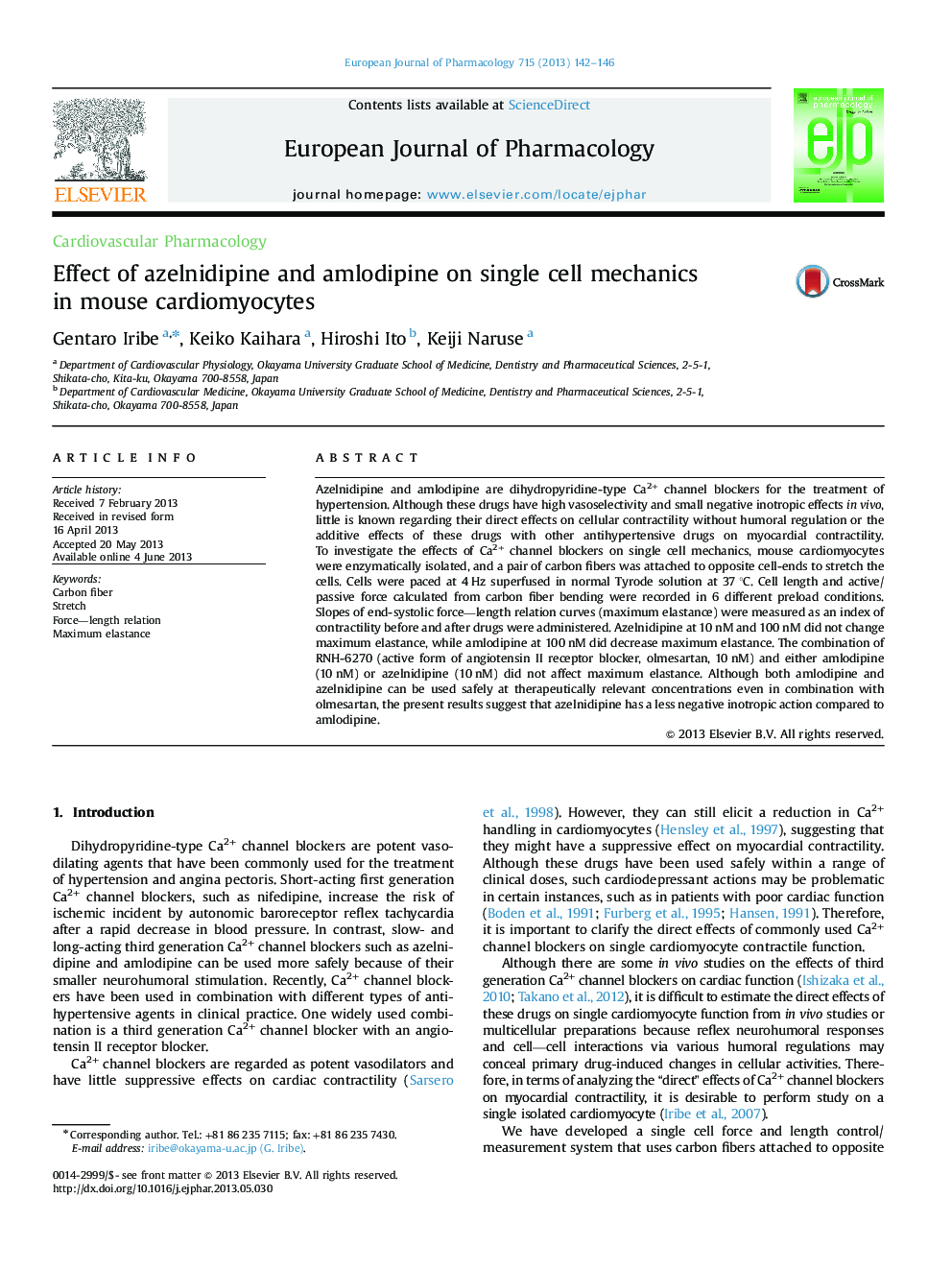 Effect of azelnidipine and amlodipine on single cell mechanics in mouse cardiomyocytes