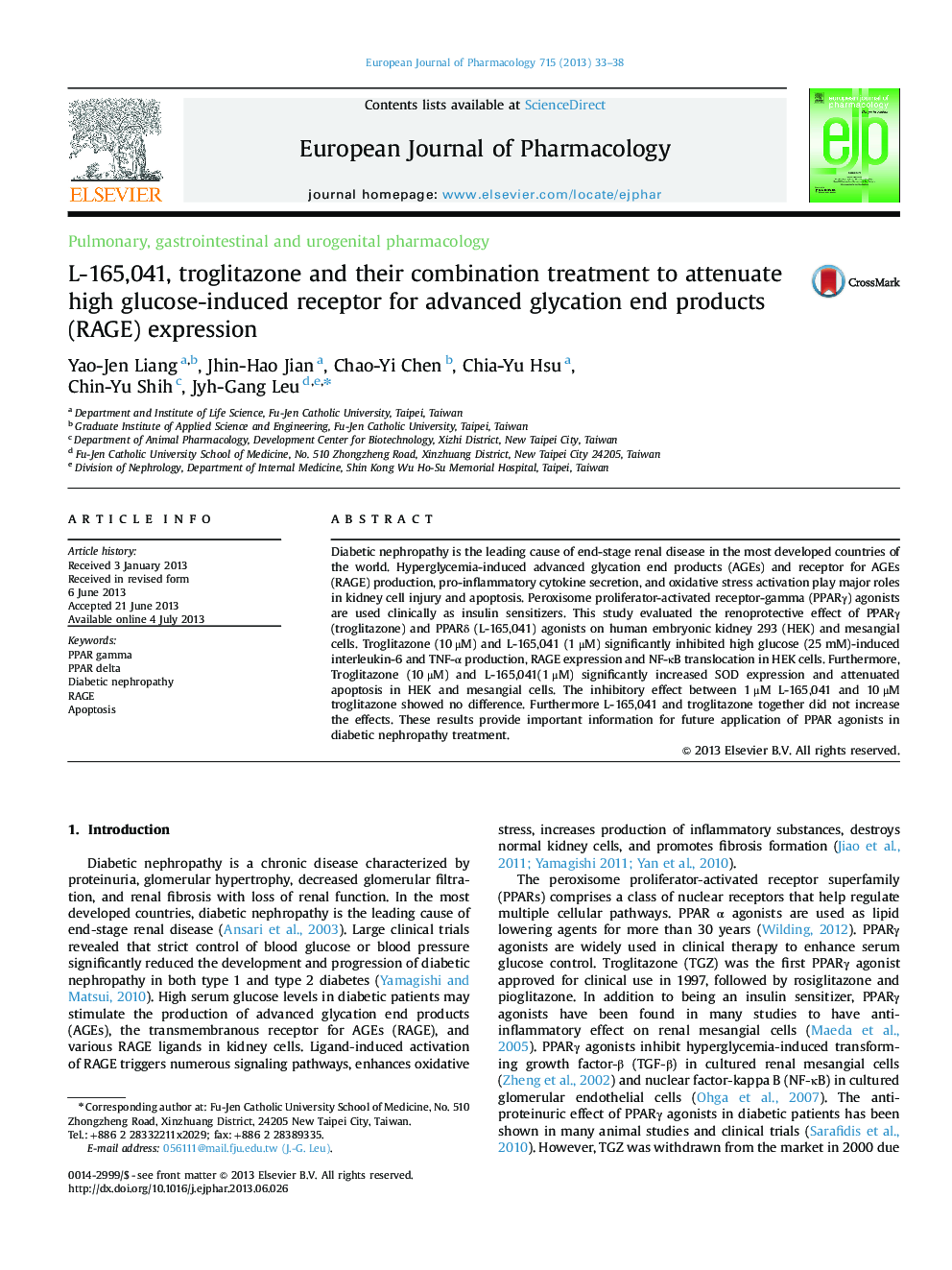 L-165,041, troglitazone and their combination treatment to attenuate high glucose-induced receptor for advanced glycation end products (RAGE) expression