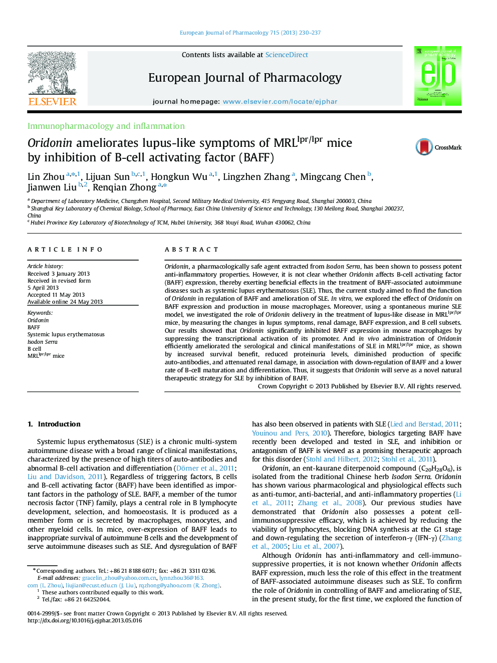 Oridonin ameliorates lupus-like symptoms of MRLlpr/lpr mice by inhibition of B-cell activating factor (BAFF)