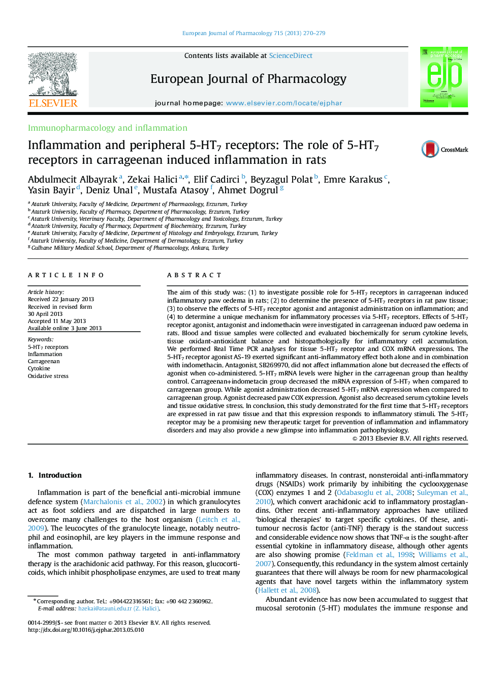 Inflammation and peripheral 5-HT7 receptors: The role of 5-HT7 receptors in carrageenan induced inflammation in rats