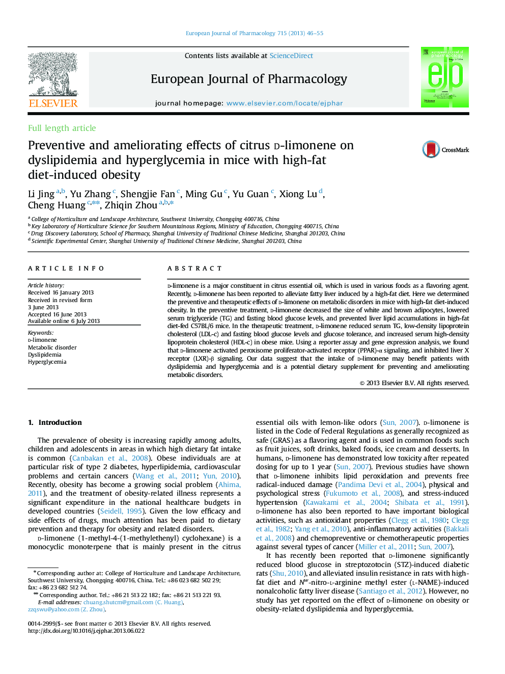 Preventive and ameliorating effects of citrus d-limonene on dyslipidemia and hyperglycemia in mice with high-fat diet-induced obesity