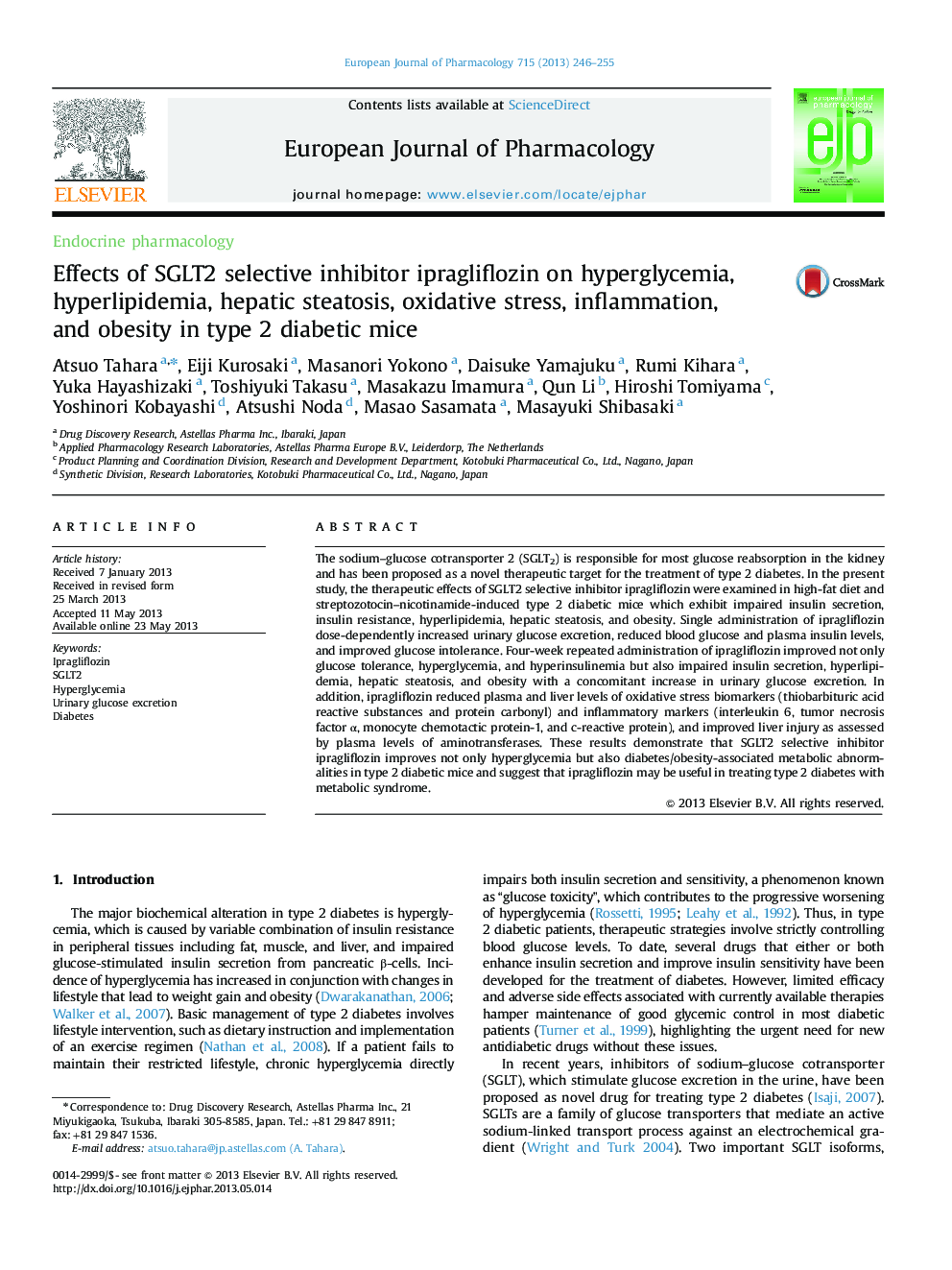 Effects of SGLT2 selective inhibitor ipragliflozin on hyperglycemia, hyperlipidemia, hepatic steatosis, oxidative stress, inflammation, and obesity in type 2 diabetic mice