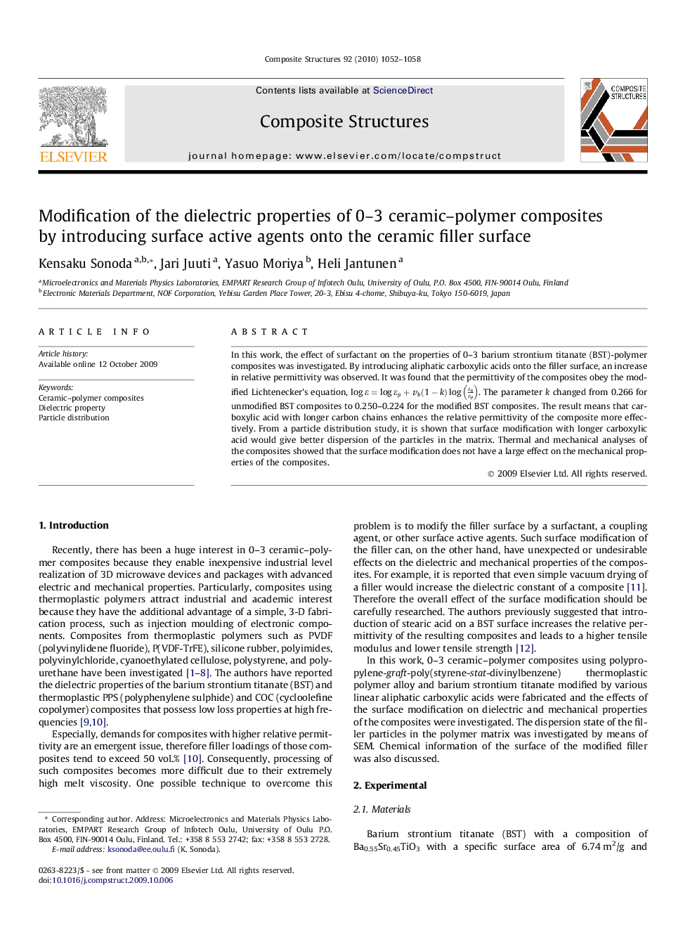 عکس صفحه اول مقاله: Modification of the dielectric properties of 0–3 ceramic–polymer composites by introducing surface active agents onto the ceramic filler surface Modification of the dielectric properties of 0–3 ceramic–polymer composites by introducing surface active agents onto the ceramic filler surface
