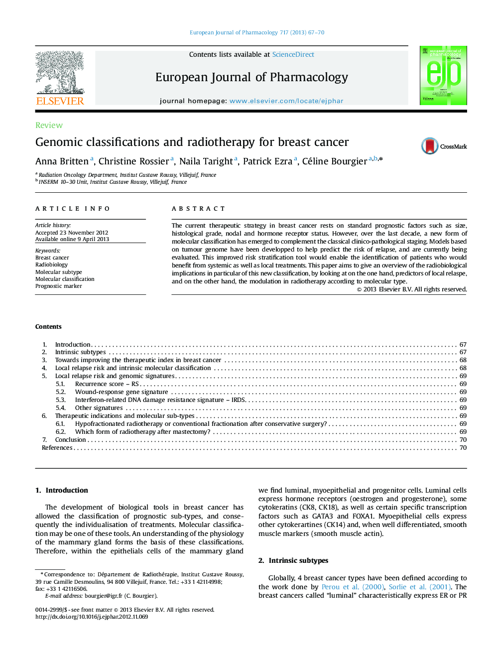 Genomic classifications and radiotherapy for breast cancer