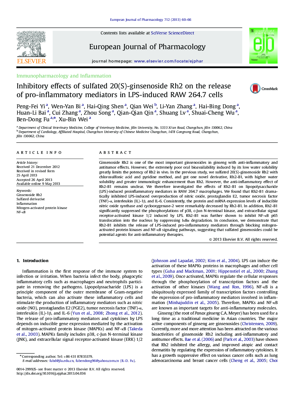 Inhibitory effects of sulfated 20(S)-ginsenoside Rh2 on the release of pro-inflammatory mediators in LPS-induced RAW 264.7 cells