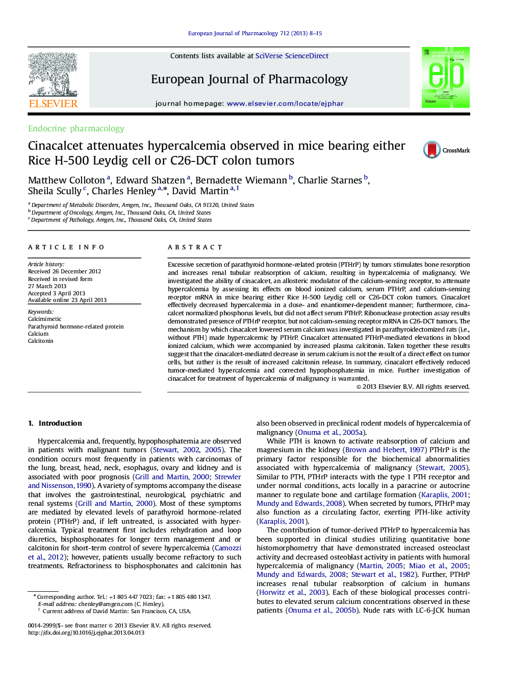 Cinacalcet attenuates hypercalcemia observed in mice bearing either Rice H-500 Leydig cell or C26-DCT colon tumors