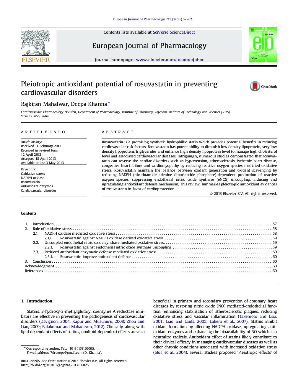 Pleiotropic antioxidant potential of rosuvastatin in preventing cardiovascular disorders