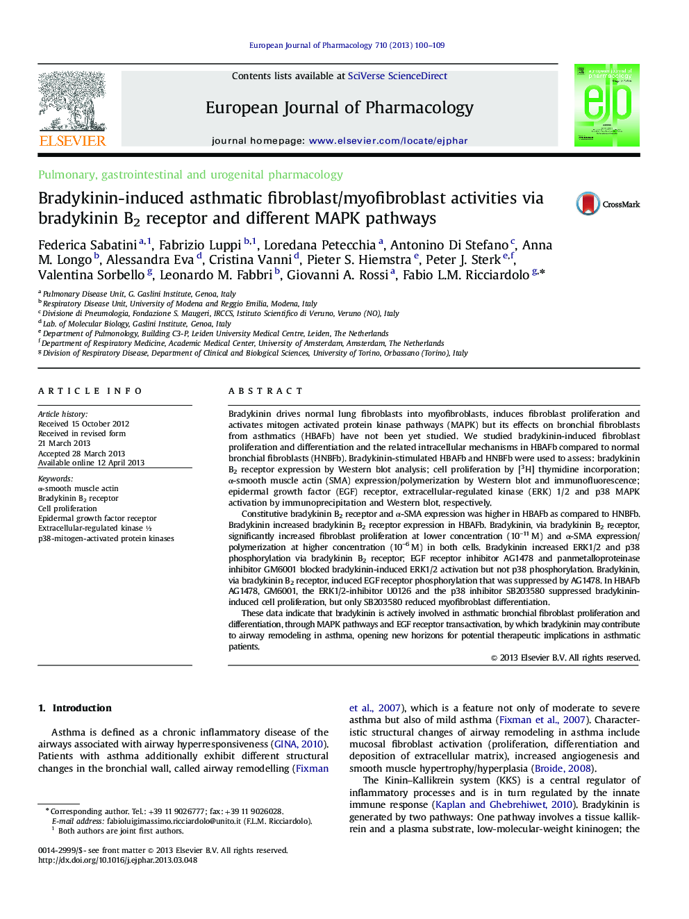 Bradykinin-induced asthmatic fibroblast/myofibroblast activities via bradykinin B2 receptor and different MAPK pathways