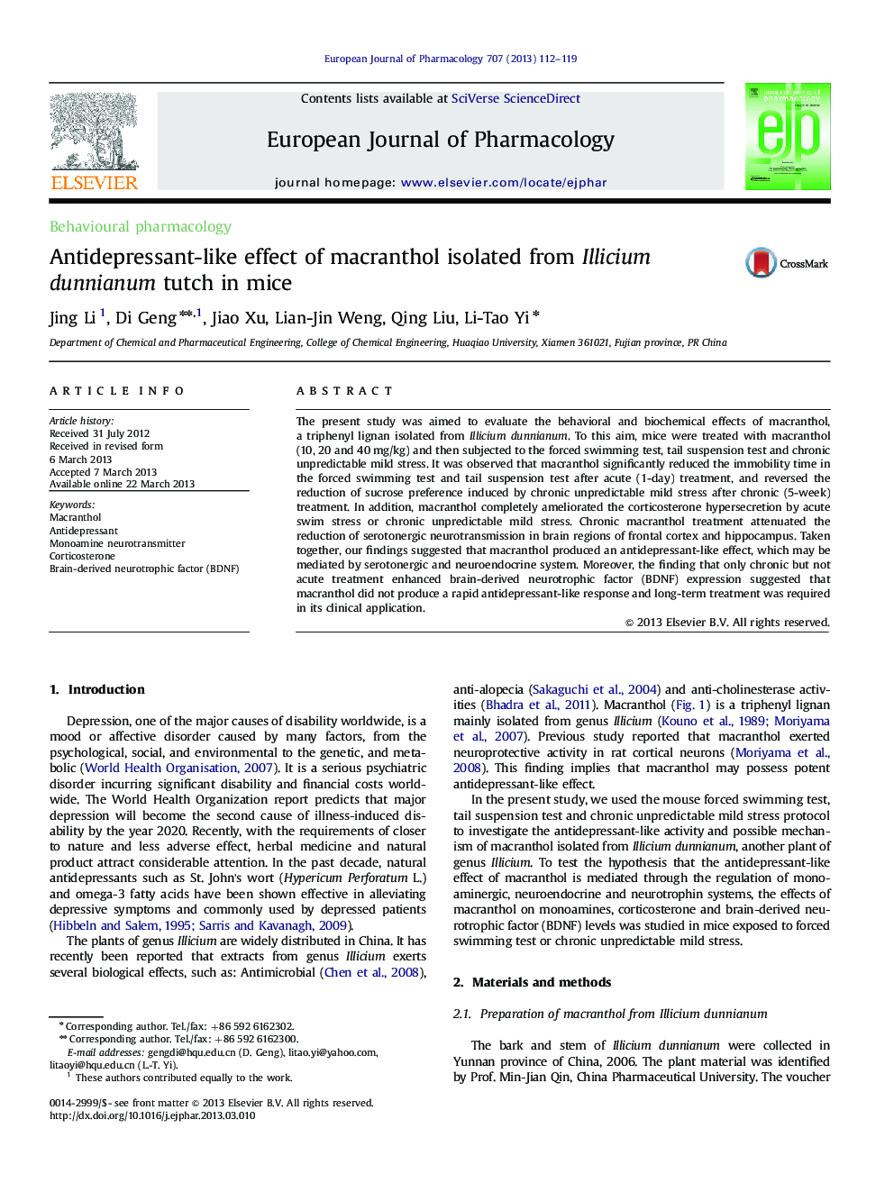 Antidepressant-like effect of macranthol isolated from Illicium dunnianum tutch in mice