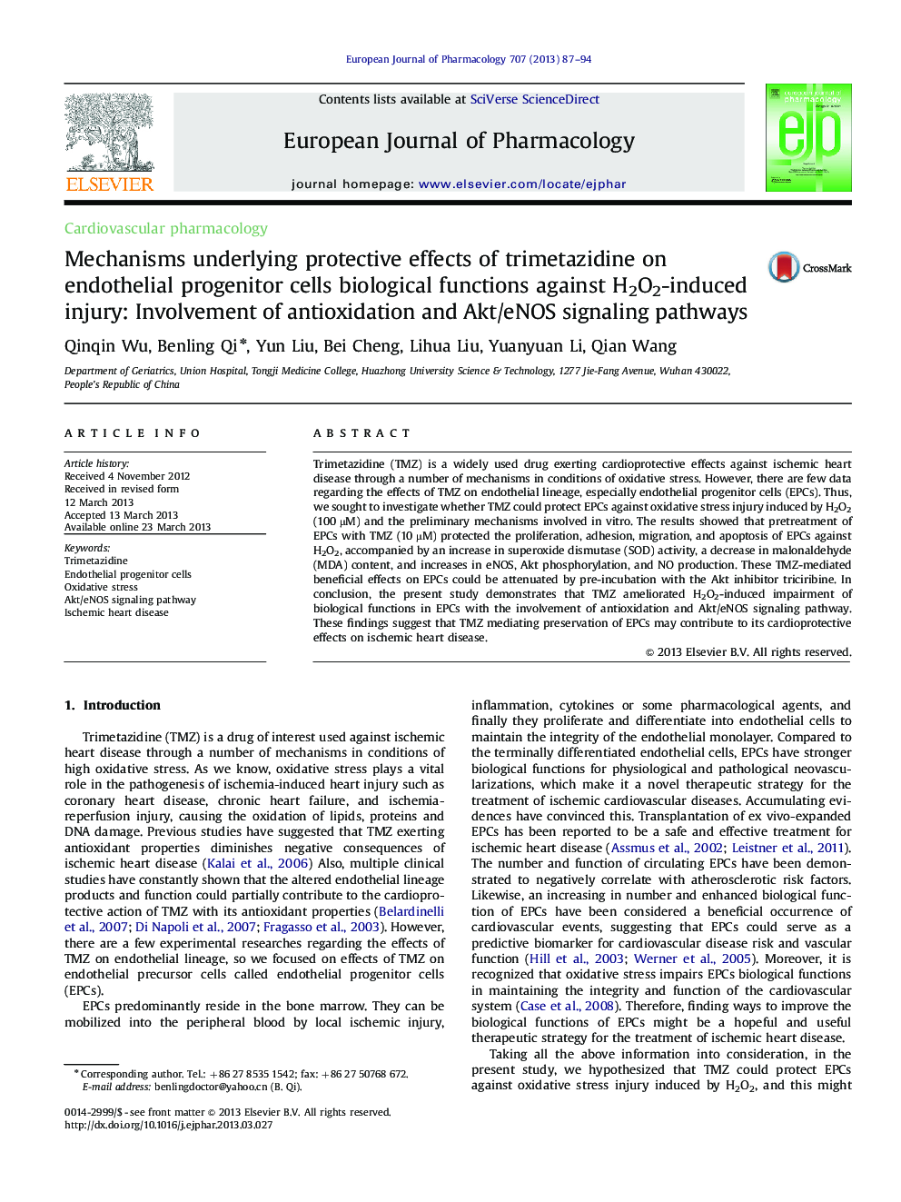 Mechanisms underlying protective effects of trimetazidine on endothelial progenitor cells biological functions against H2O2-induced injury: Involvement of antioxidation and Akt/eNOS signaling pathways