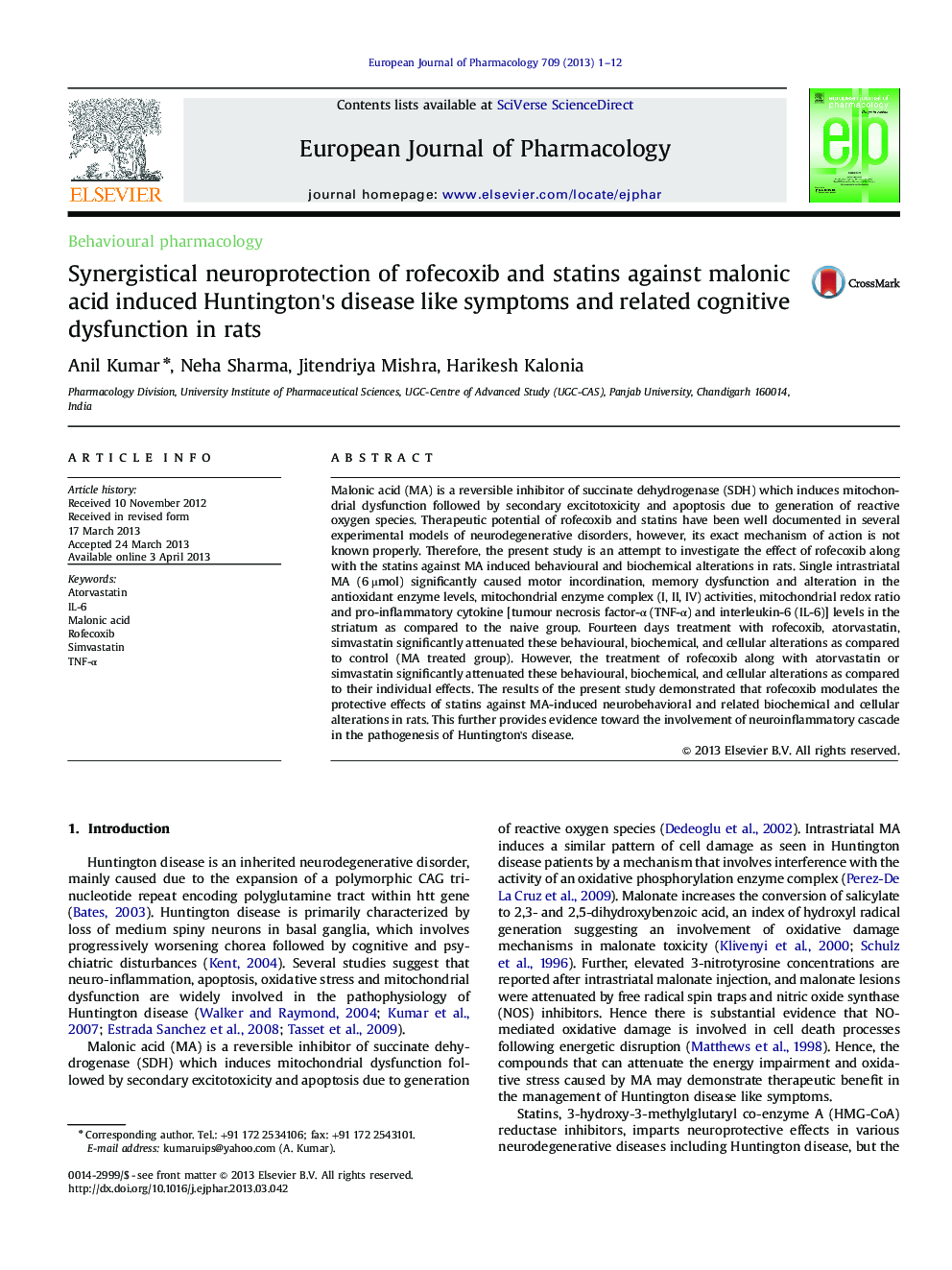 Synergistical neuroprotection of rofecoxib and statins against malonic acid induced Huntington's disease like symptoms and related cognitive dysfunction in rats