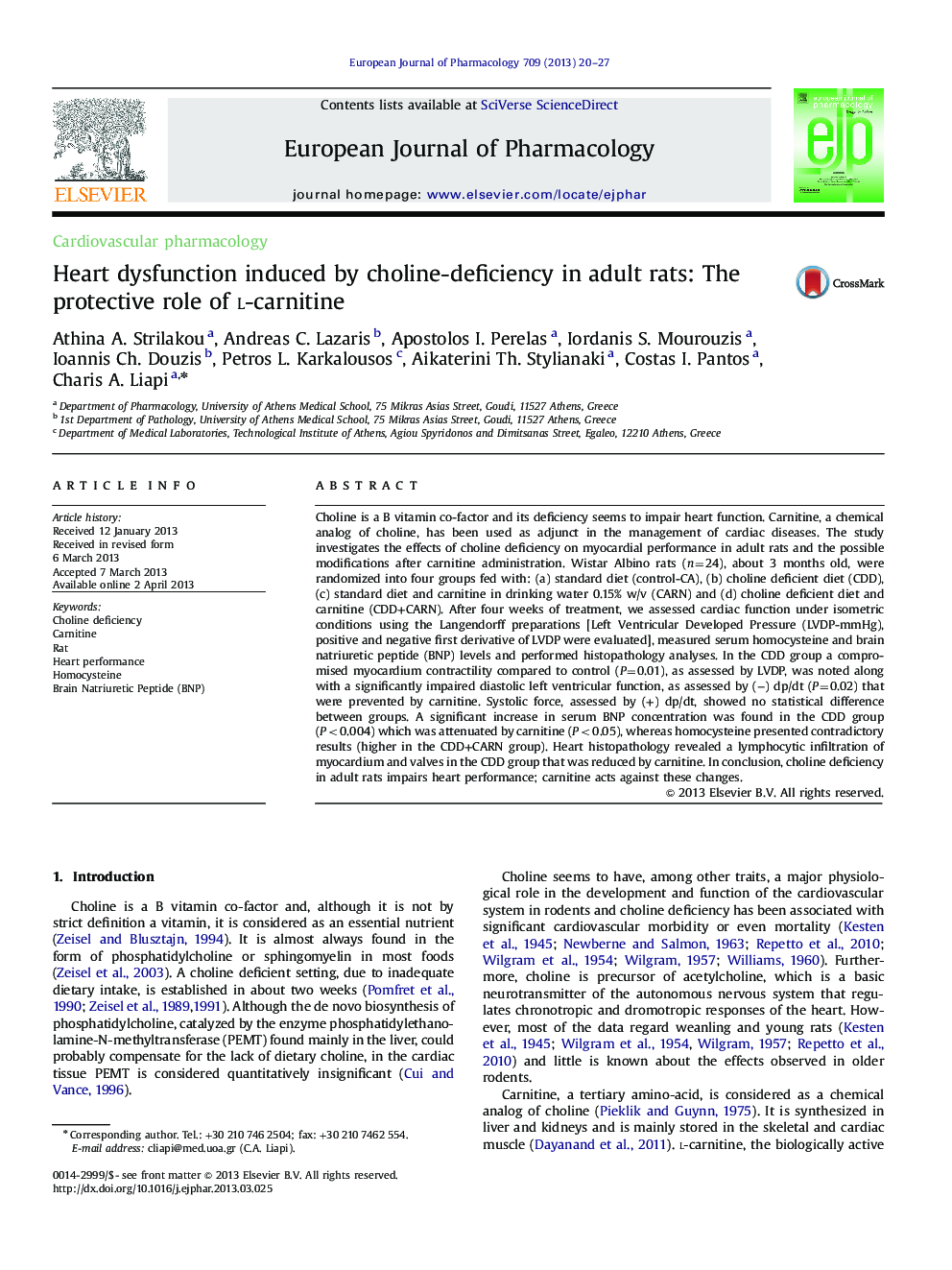 Heart dysfunction induced by choline-deficiency in adult rats: The protective role of l-carnitine