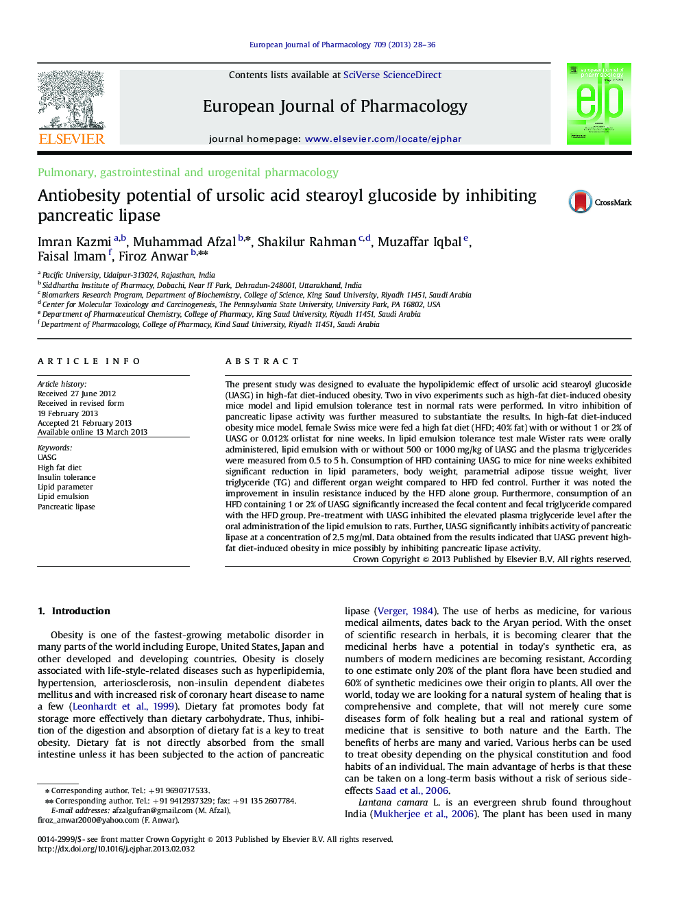 Antiobesity potential of ursolic acid stearoyl glucoside by inhibiting pancreatic lipase