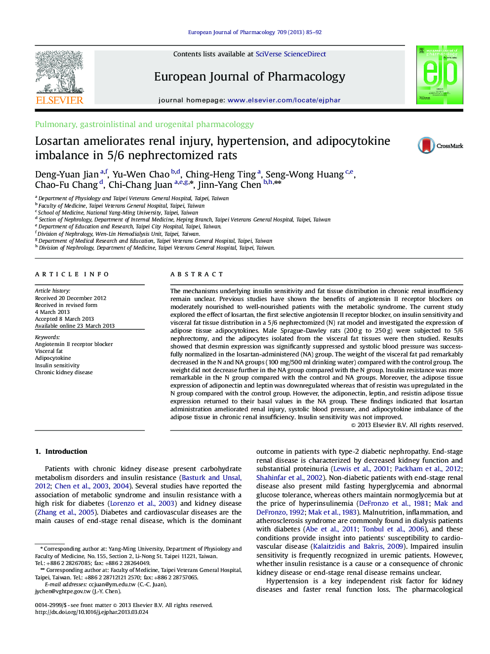 Losartan ameliorates renal injury, hypertension, and adipocytokine imbalance in 5/6 nephrectomized rats