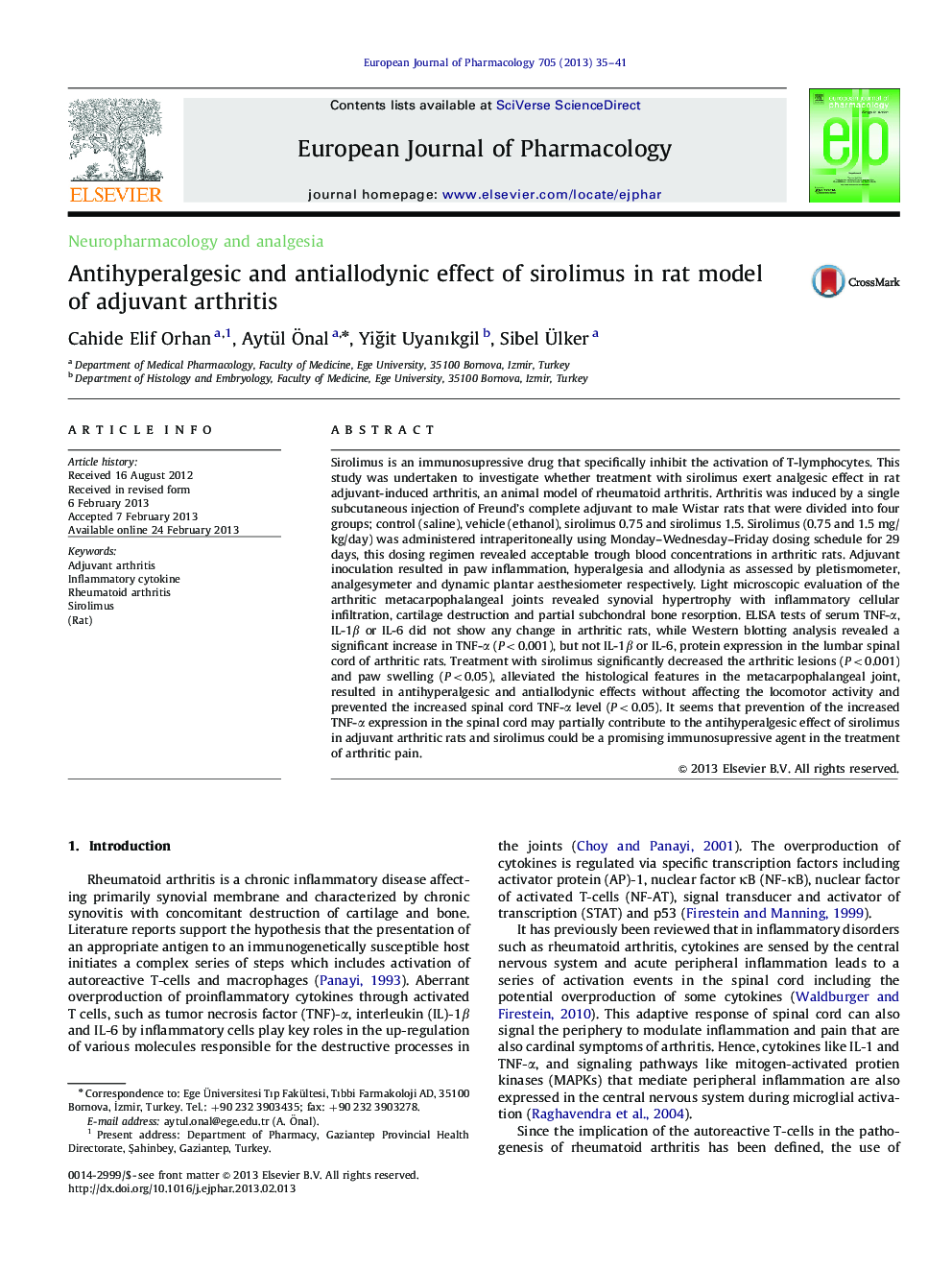 Antihyperalgesic and antiallodynic effect of sirolimus in rat model of adjuvant arthritis