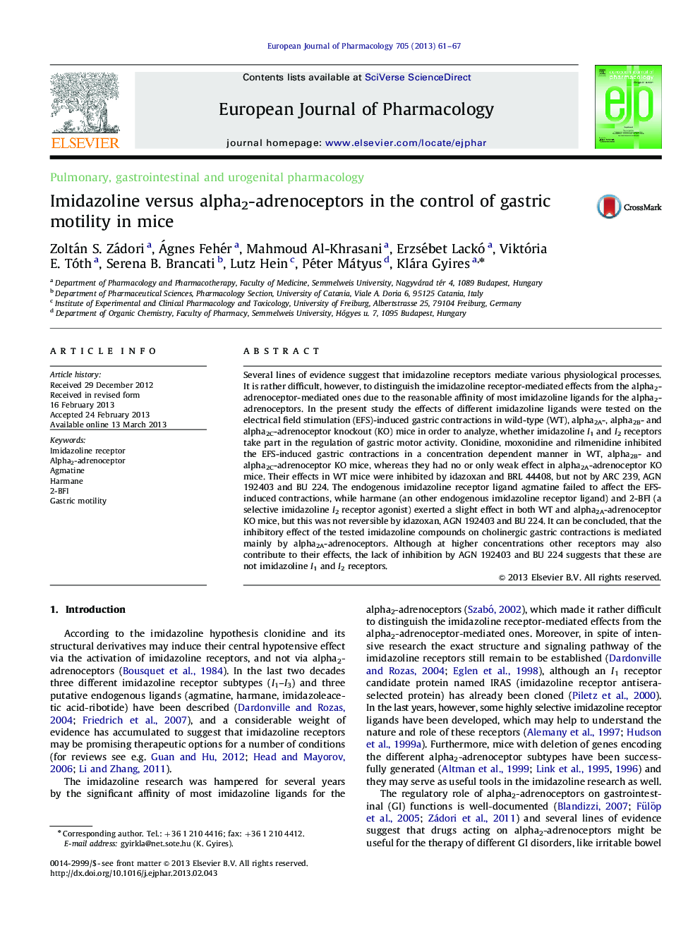 Imidazoline versus alpha2-adrenoceptors in the control of gastric motility in mice