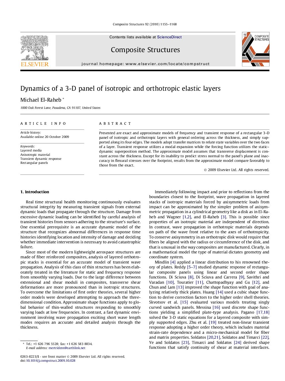 عکس صفحه اول مقاله: Dynamics of a 3-D panel of isotropic and orthotropic elastic layers Dynamics of a 3-D panel of isotropic and orthotropic elastic layers