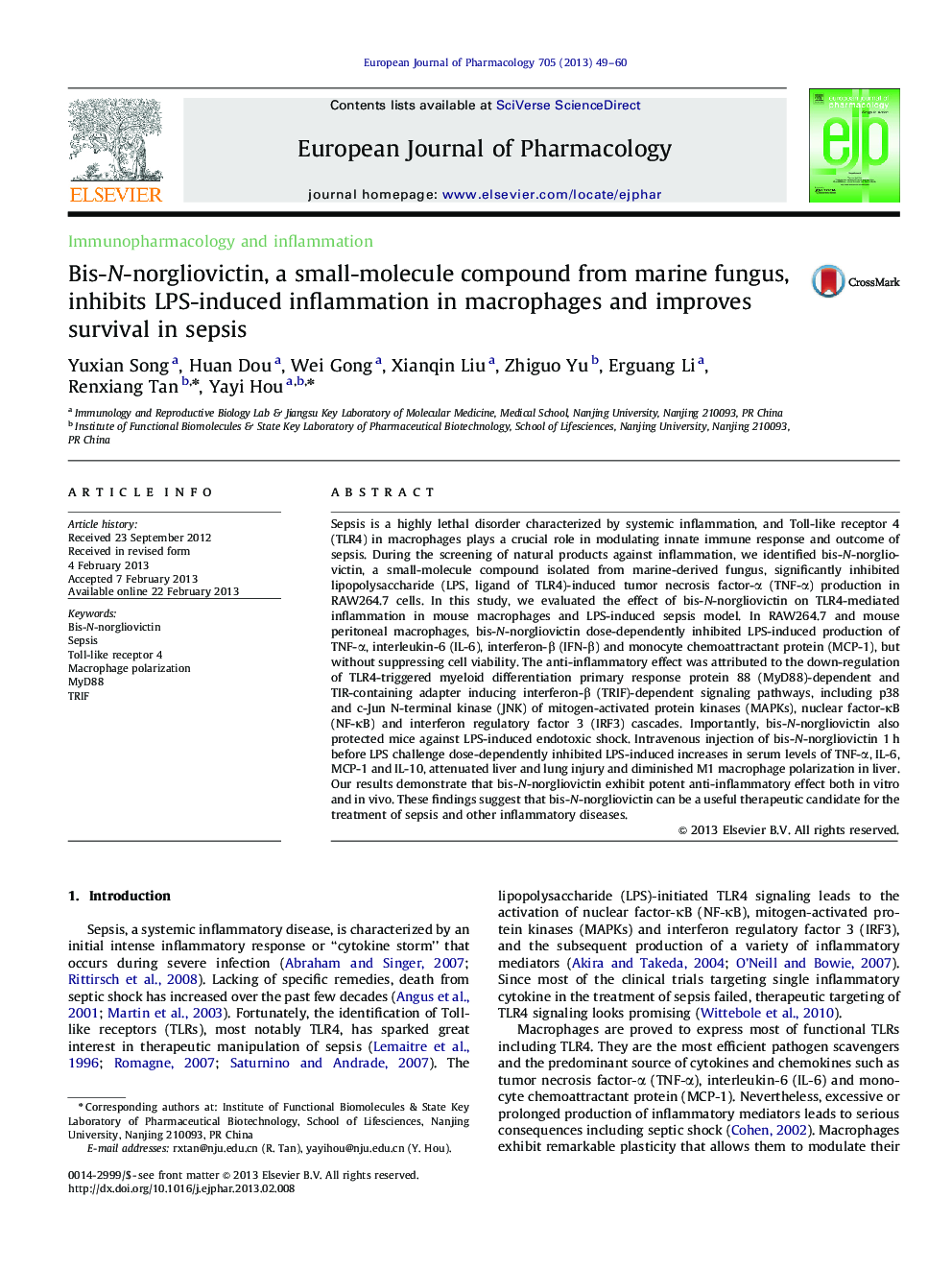 Bis-N-norgliovictin, a small-molecule compound from marine fungus, inhibits LPS-induced inflammation in macrophages and improves survival in sepsis